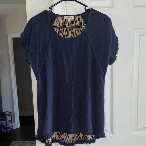 Umgee Tops - Umgee Navy Top with Leopard Print Detail